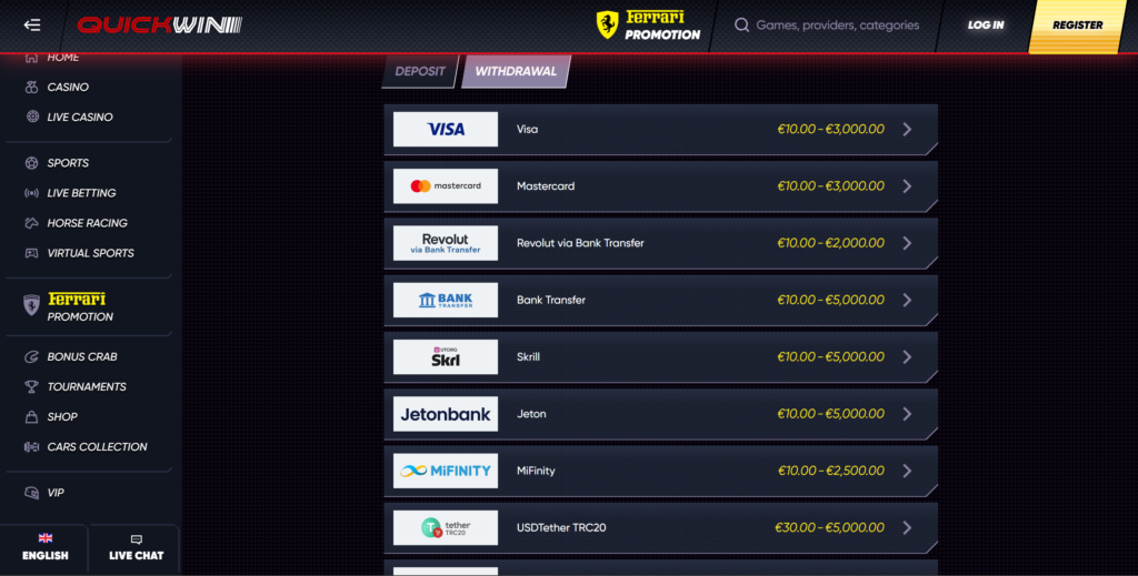 quickwin payout and deposit